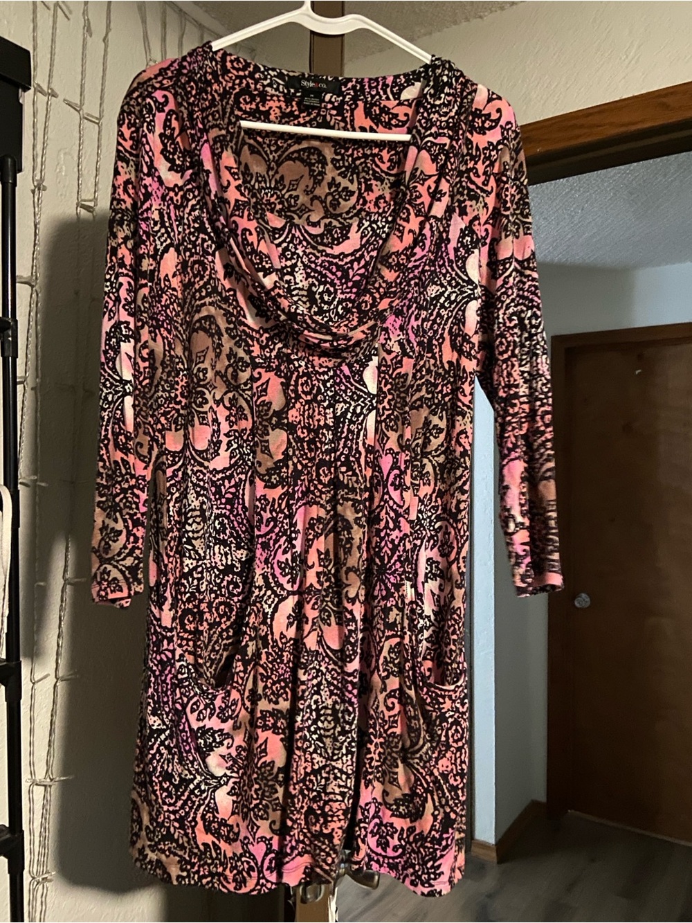 Style & Co. Pink Paisley-Print Long Sleeve Cowl Neck Dress